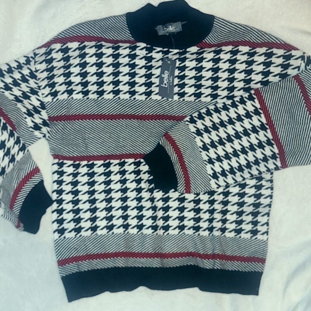 Belle Mock next sweater herringbone Black,white & Red NWT!